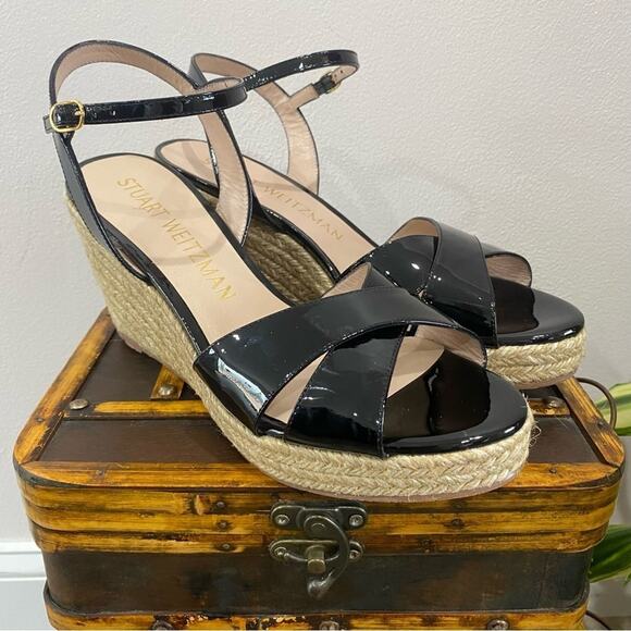 Stuart Weitzman Rosemaire Black Patent Leather Platform Espadrille Wedge Sandal - Picture 1 of 11